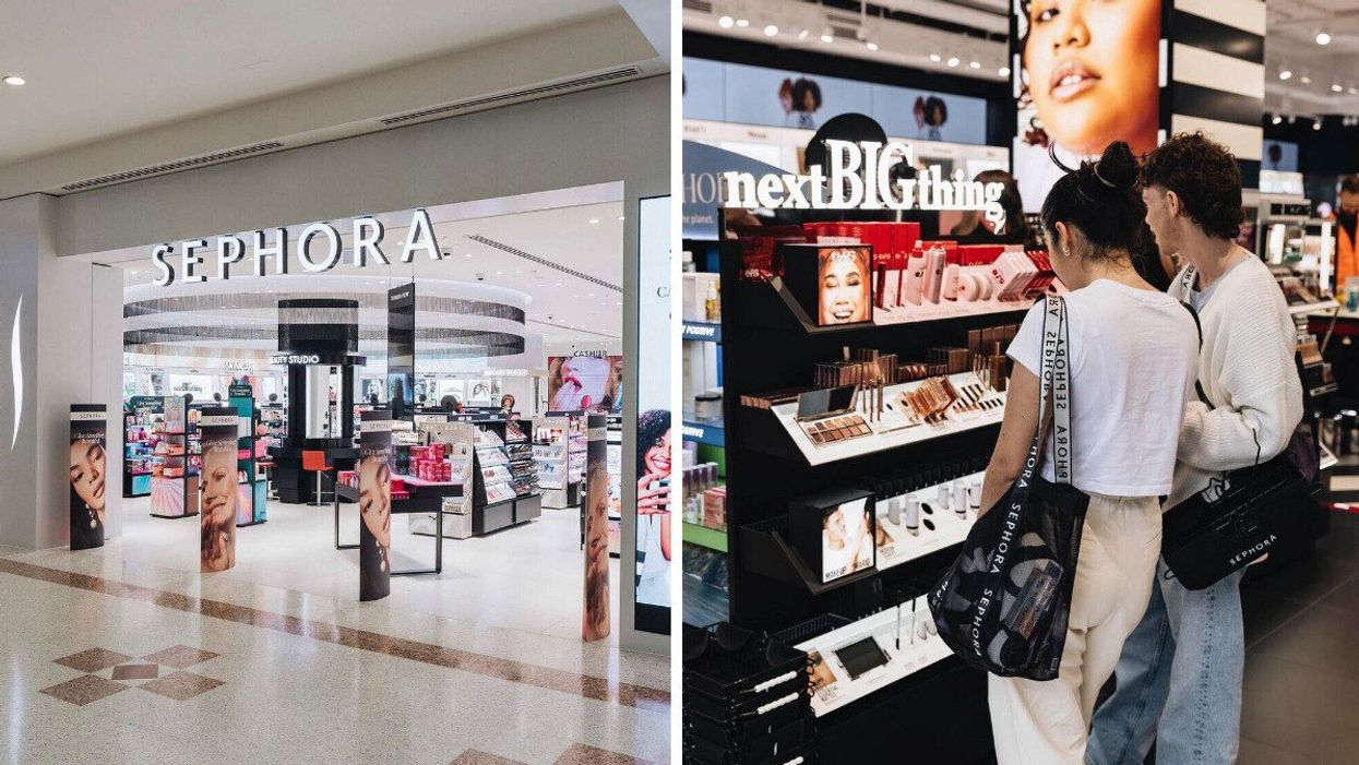 A Sephora store. Right: People shop at a Sephora store.