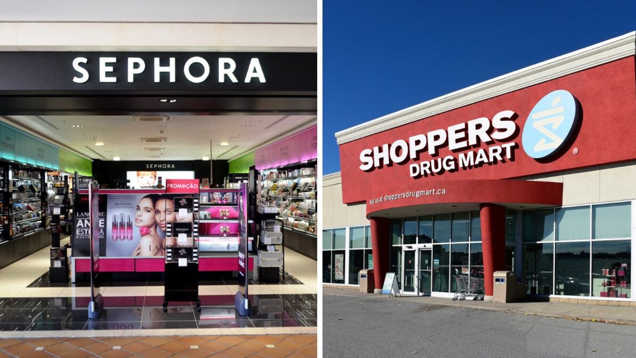 A Sephora store. Right: The exterior of a Shoppers Drug Mart.