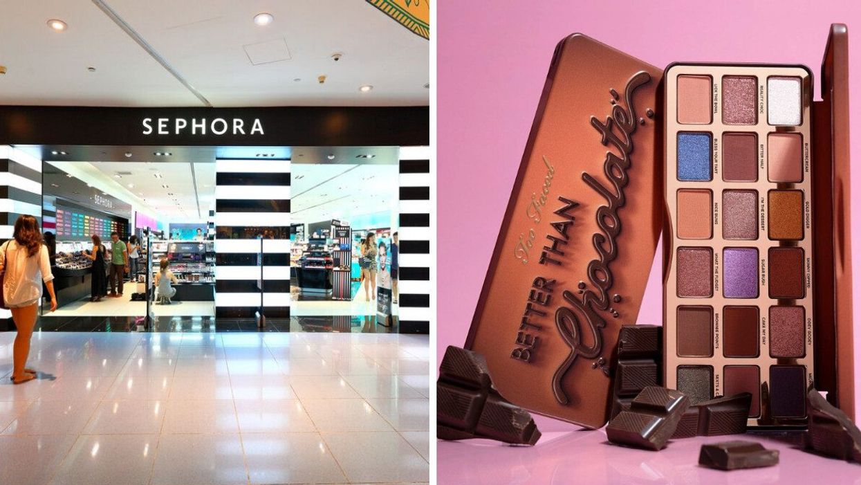 A Sephora store. Right: Too Faced's Better Than Chocolate eye shadow palette.