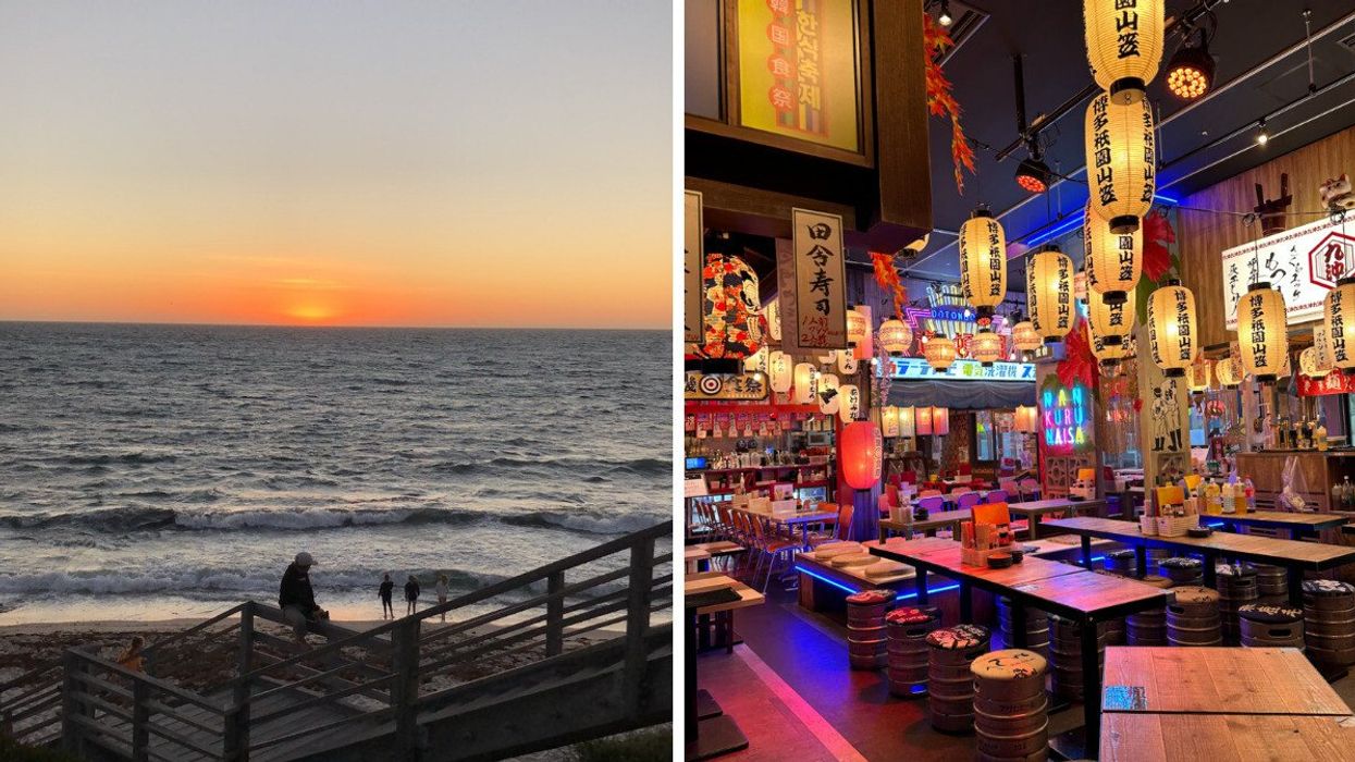 A serene sunset over the ocean, with silhouetted figures enjoying the peaceful view. Right: A vibrant Japanese restaurant interior adorned with glowing lanterns and colorful decor.