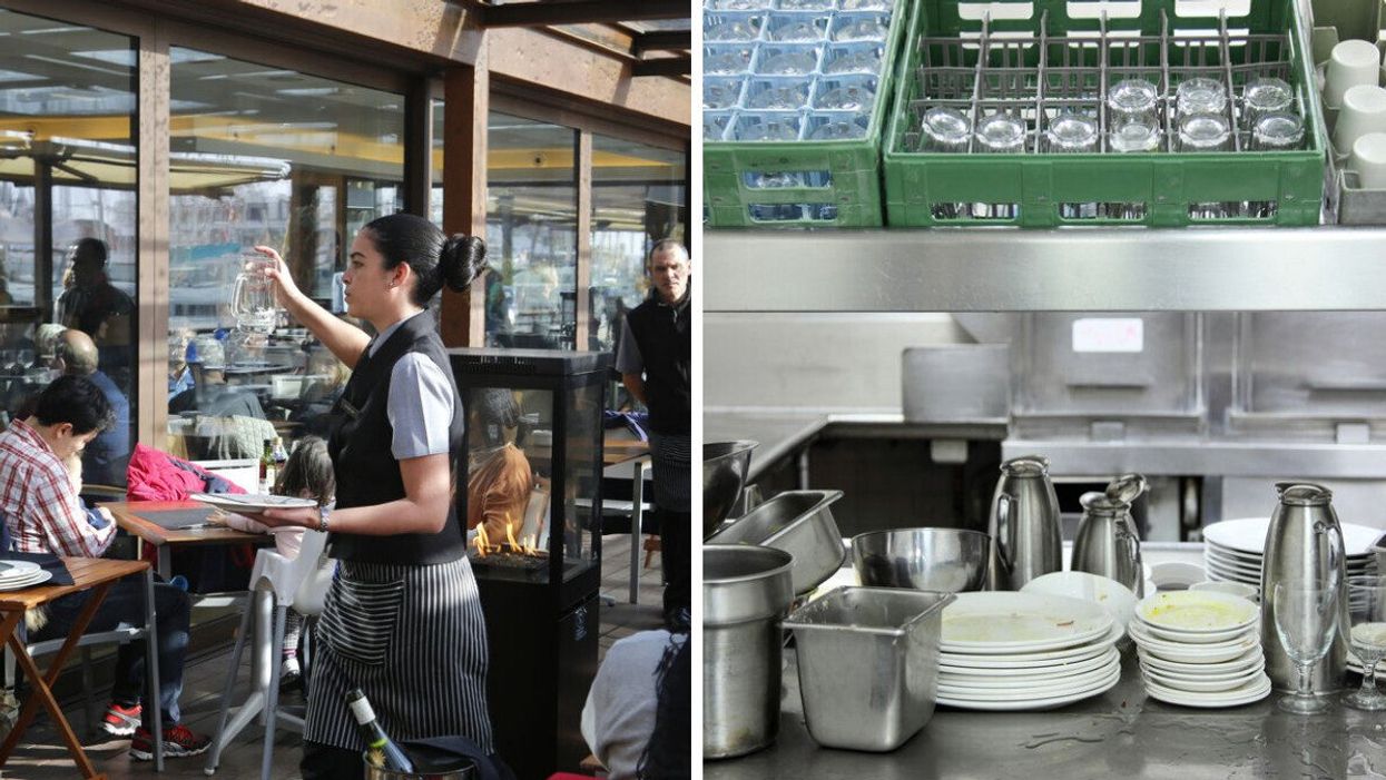 A server at a restaurant. Right: A dish wash area at a restaurant.