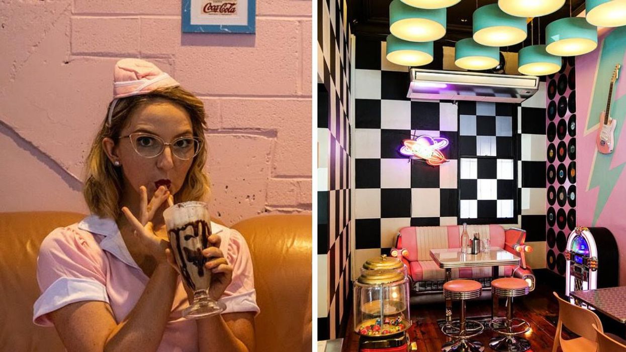 A server at Karen's Diner. Right: The interior of Karen's Diner.