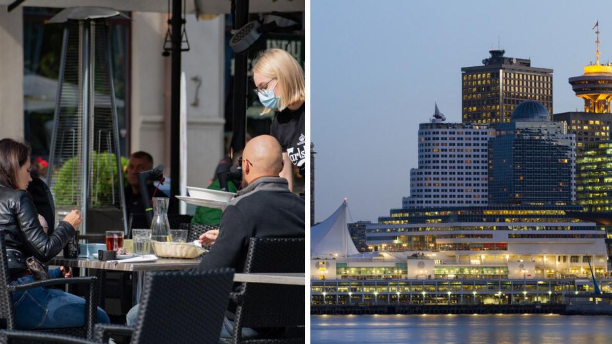 A server delivering food at a restaurant. Right: The Vancouver skyline.
