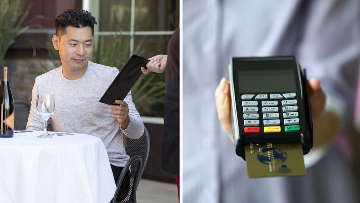 A server handing a diner the bill after dinner. Right: A payment terminal.