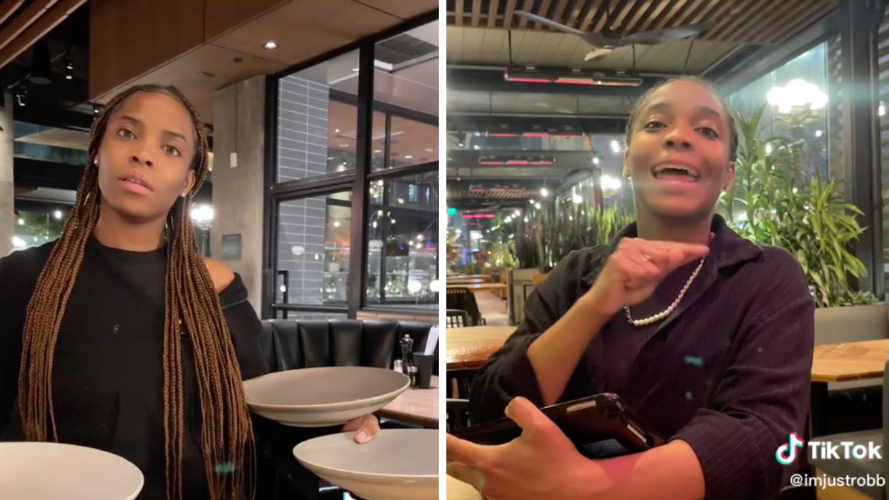 A server in L.A. holding plates. Right: A server in L.A. holding an iPad.