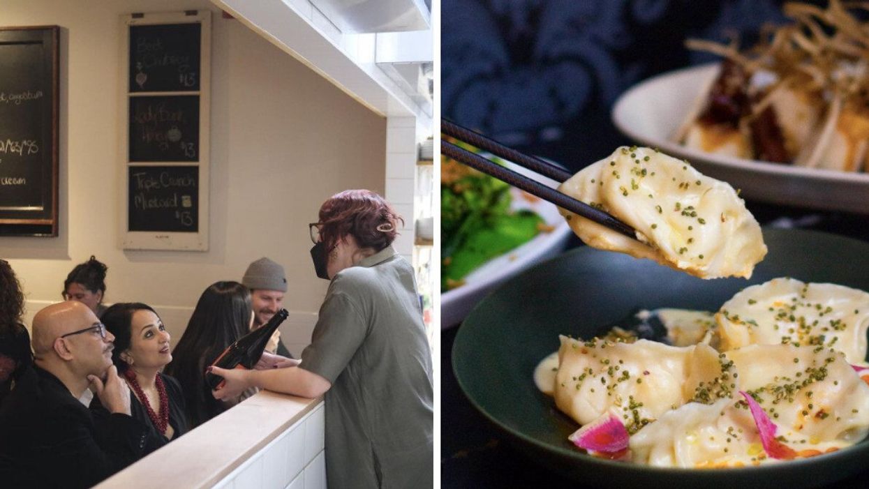 A server seen at Richmond Station. Right: Prawn dumpling at Then and Now.