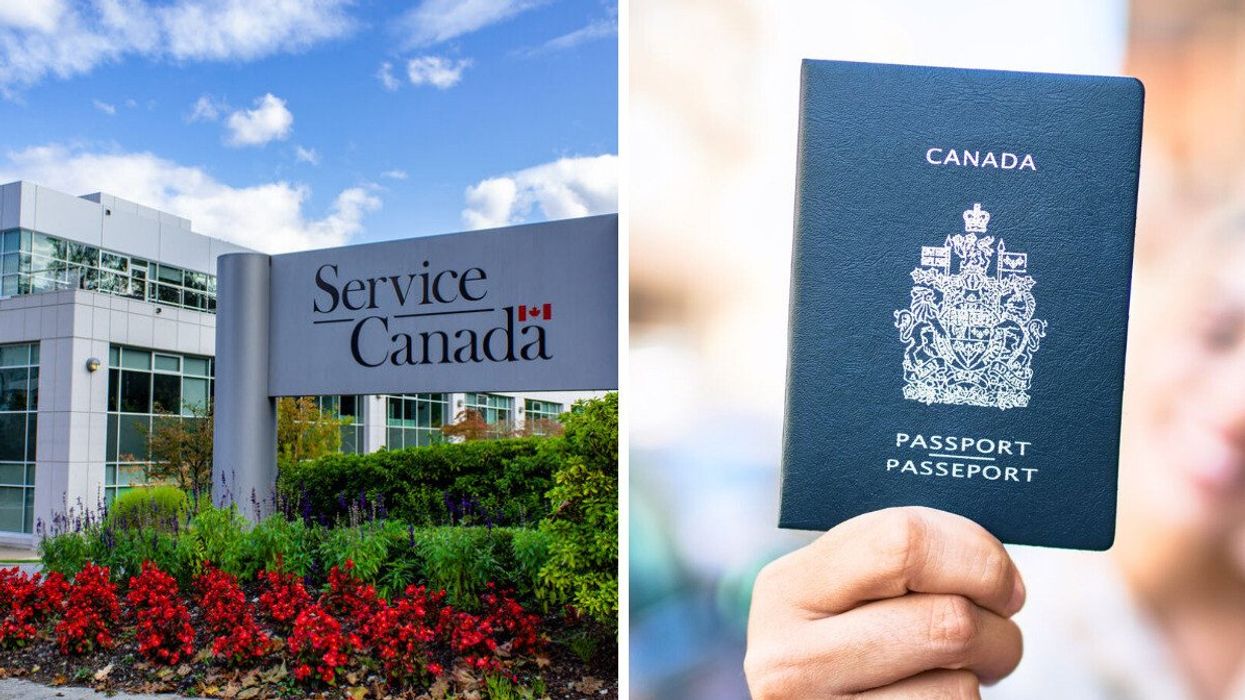 A Service Canada centre. Right: A Canadian passport.