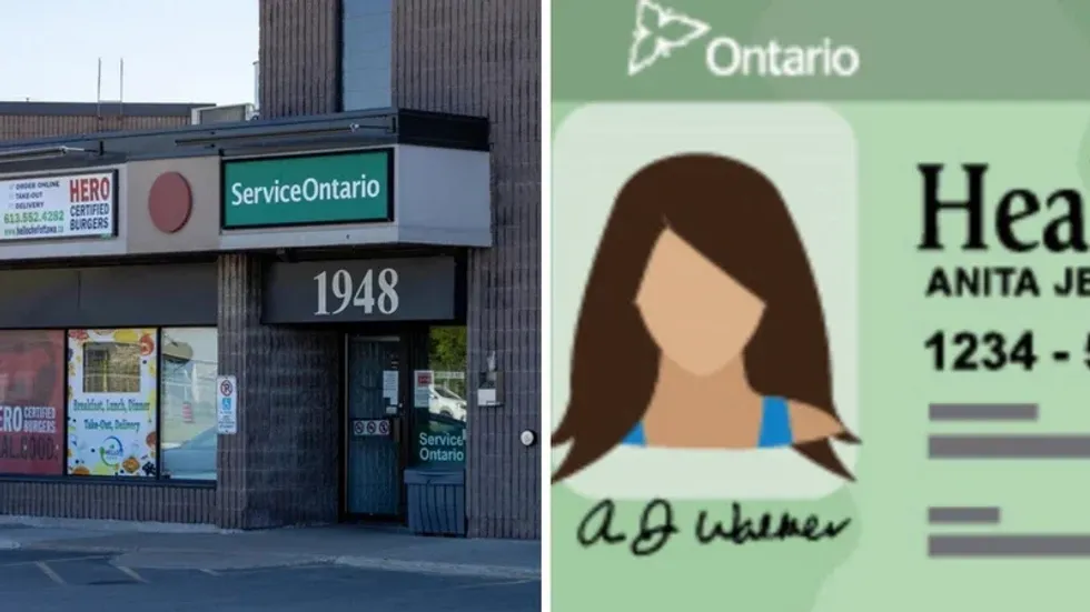 A Service Ontario location in Ottawa, Ontario. Right: A fake Ontario Health Card example.