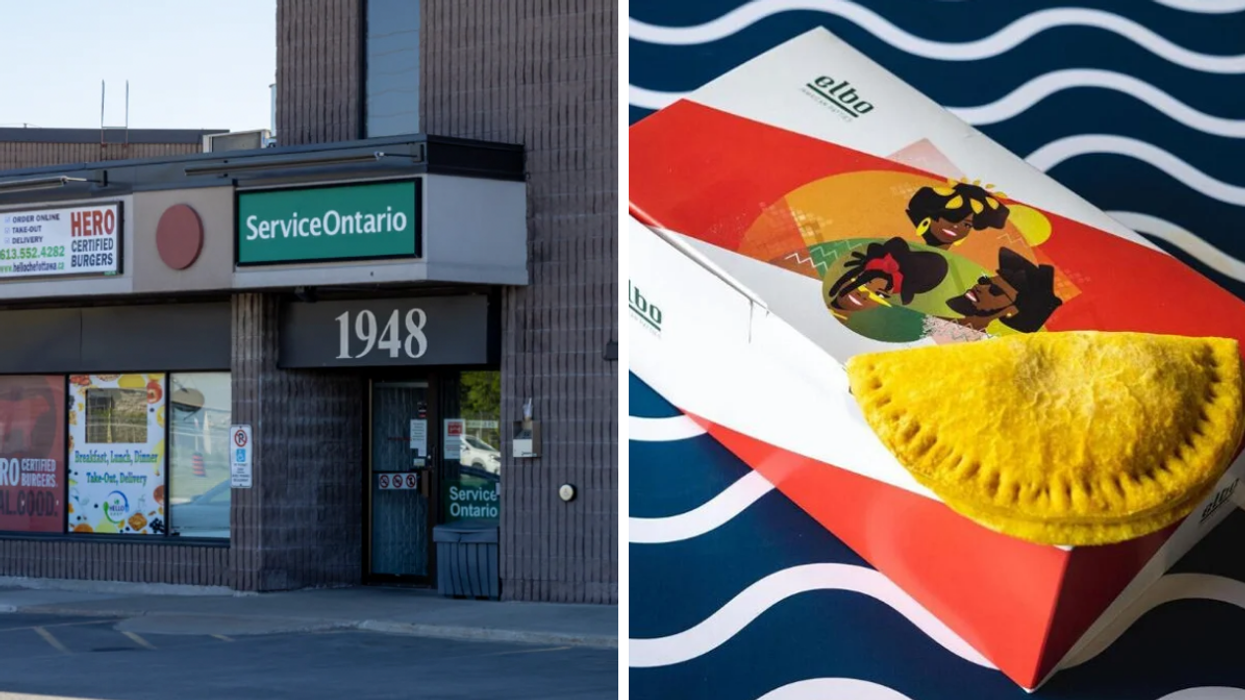 A ServiceOntario centre in a plaza. Right: Box of Jamaican patties from Elbo Jamaican Patties.