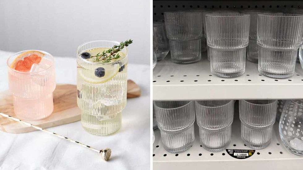 A set of glasses. Right: Glasses on a shelf