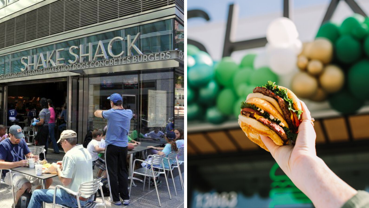 A Shake Shack location in NYC. Right: A burger from Shake Shack.