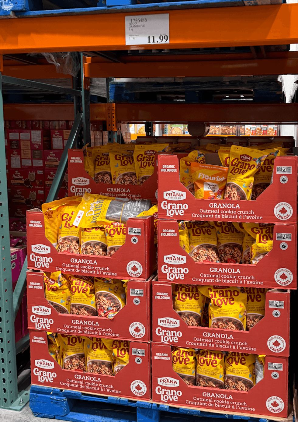 A shelf full of granola.