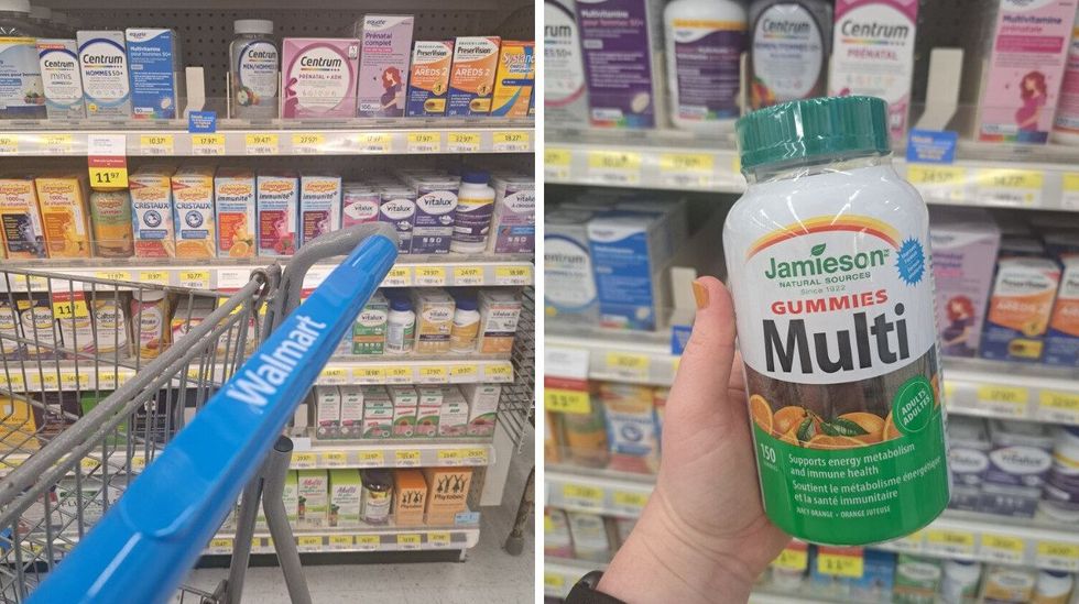 A shelf full of vitamins at Walmart. Right: A tub of multi-vitamin gummies.