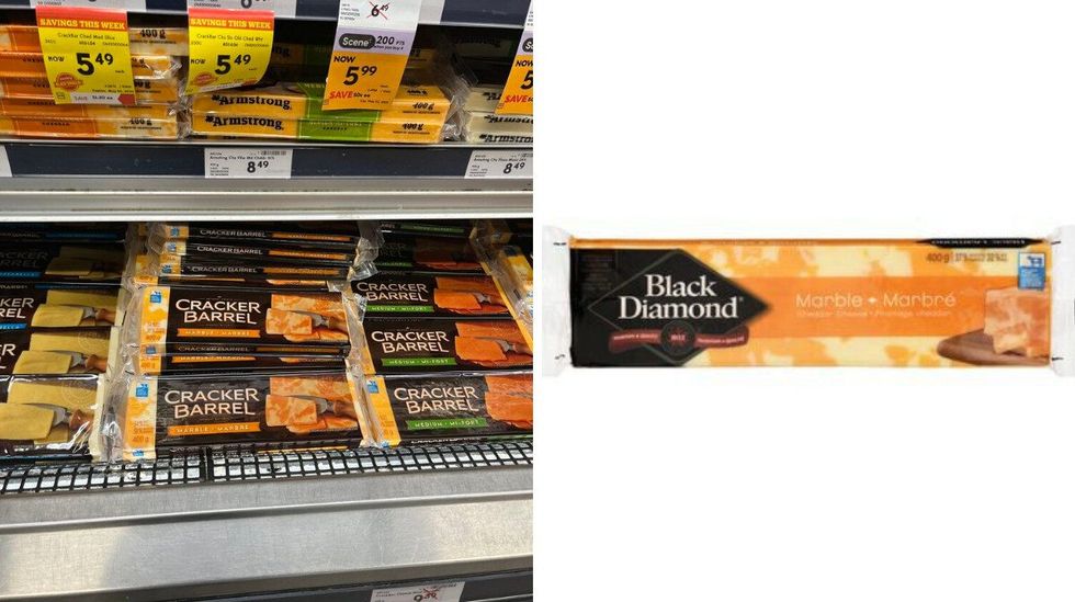 A shelf of Cracker Barrel Cheese. Right: Black Diamond Cheese from Metro's website