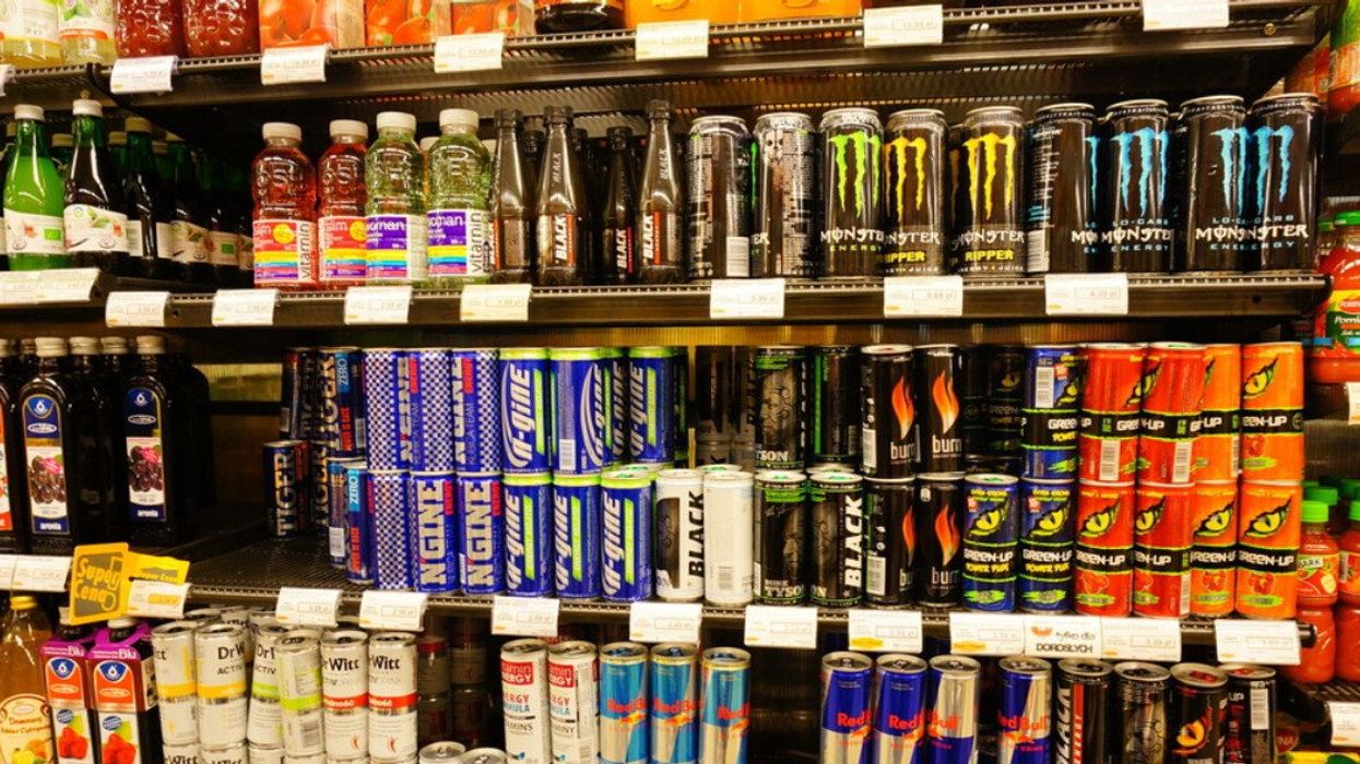 A shelf of energy drinks.