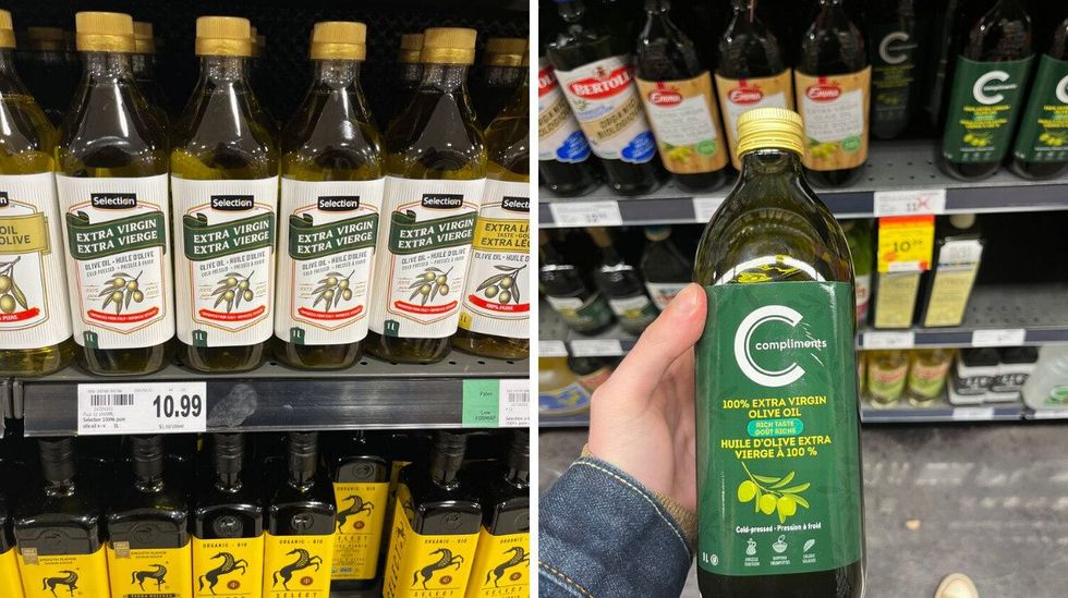 A shelf of olive oil options in Sobeys. Right: Extra virgin olive oil at Metro