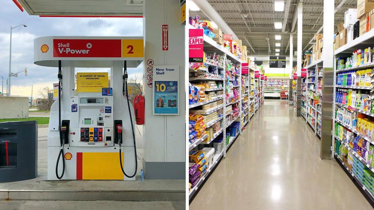 A Shell gas pump in Canada. Right: A FreshCo grocery store aisle.
