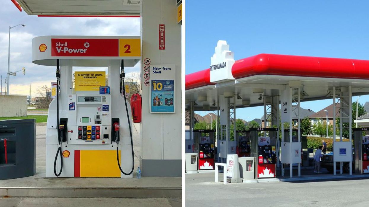 A Shell gas pump. Right: A Petro-Canada gas station.