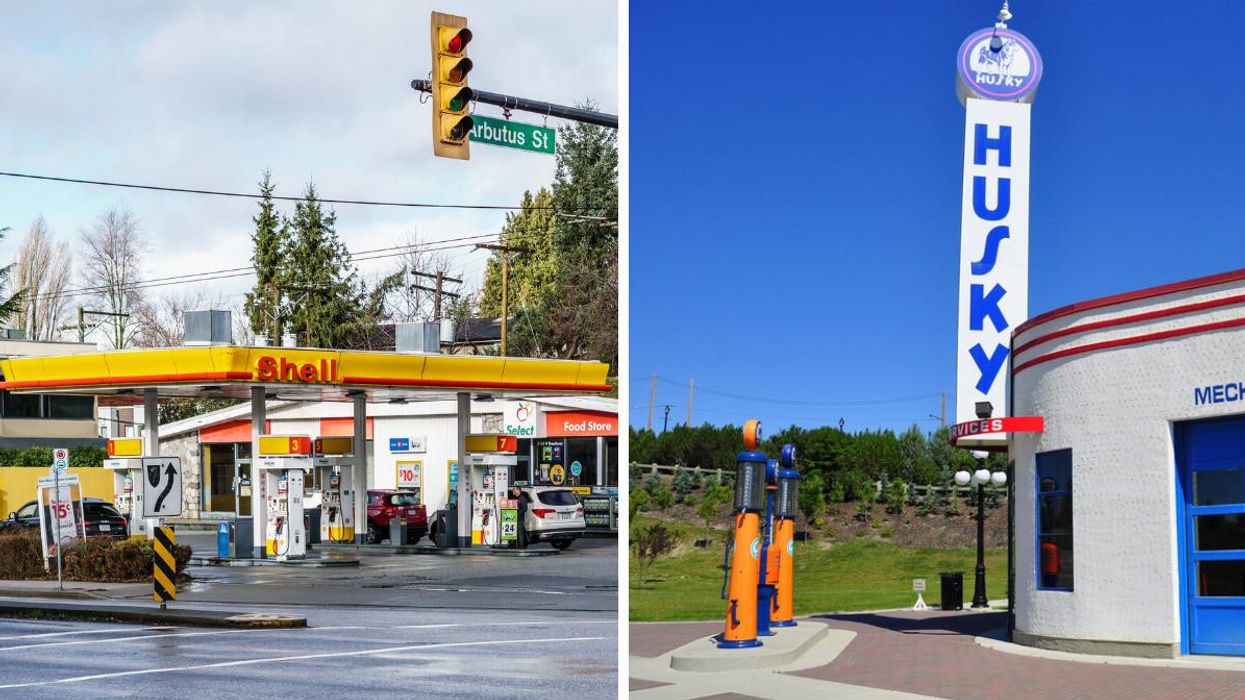 A Shell gas station in Vancouver, BC and, right, a Husky gas station.