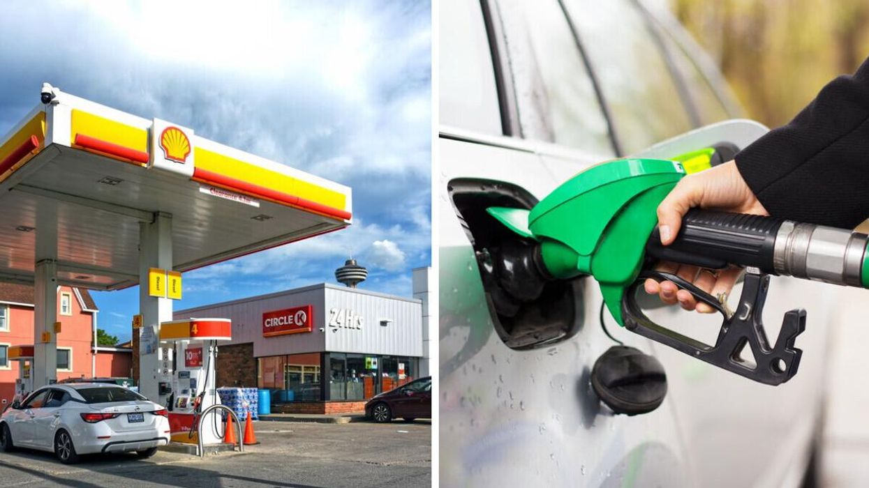 A shell gas station. Right: A gas pump