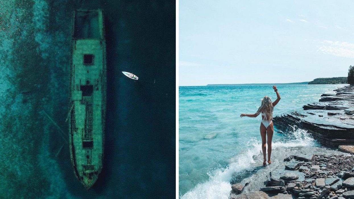 A shipwreck beneath blue waters. Right: A person standing on a rocky shoreline.