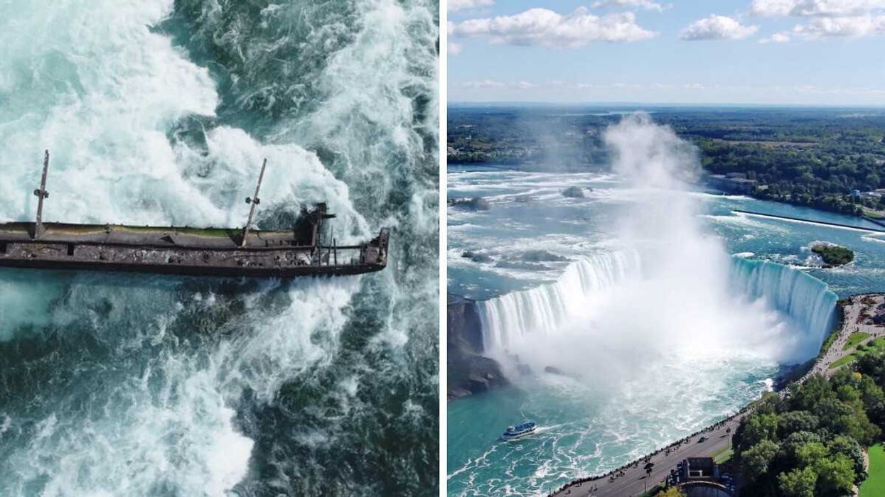A shipwreck. Right: A waterfall.