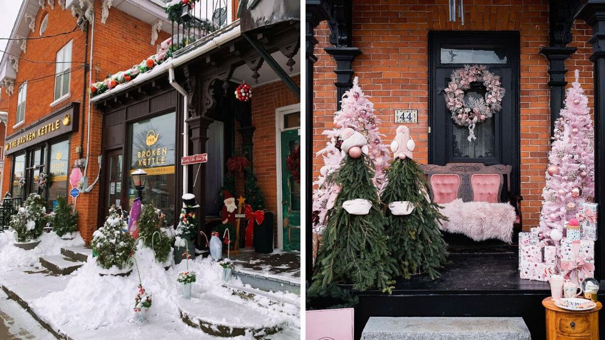 A shop covered in snow. Right: A porch with pink Christmas decor.