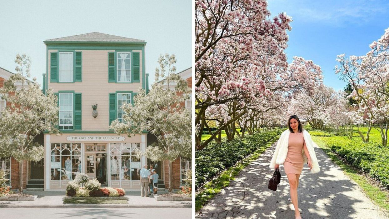 A shop in Niagara-on-the-Lake. Right: A person walks on a pathway in Niagara-on-the-Lake.