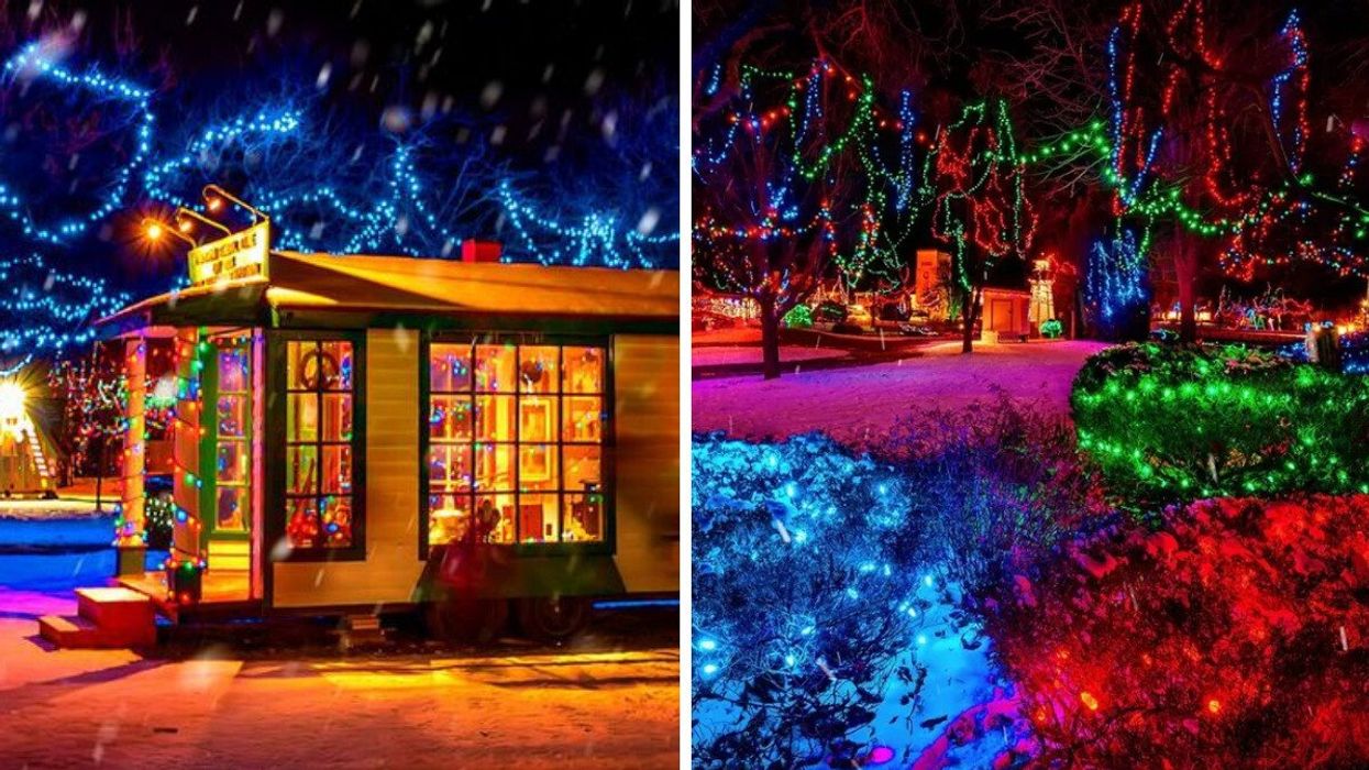 A shop with twinkling lights. Right: A park with Christmas lights.