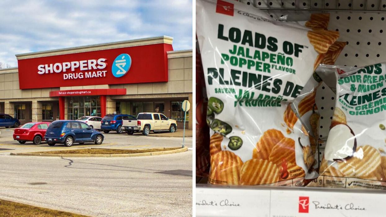 A Shoppers Drug Mart in Windsor, Ontario. Right: A bag of Jalapeño Popper chips.