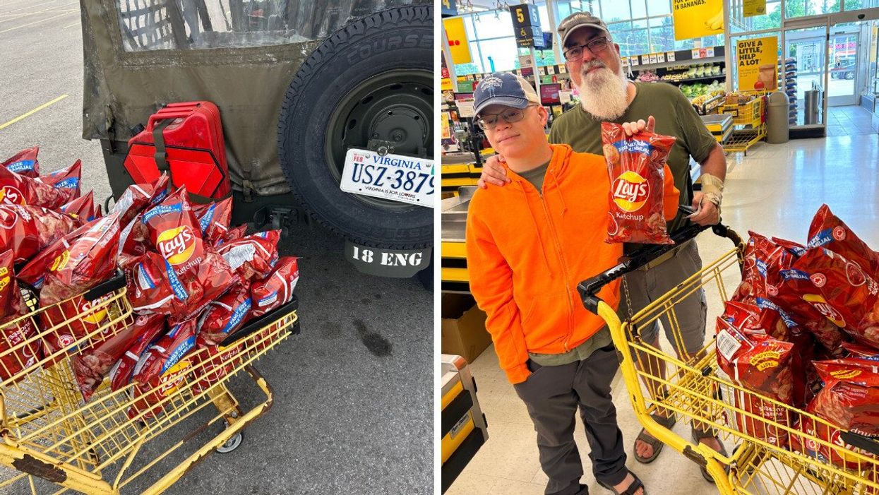 A shopping cart filled with Lays ketchup chips. Right: Shoppers buying chips from No Frills.