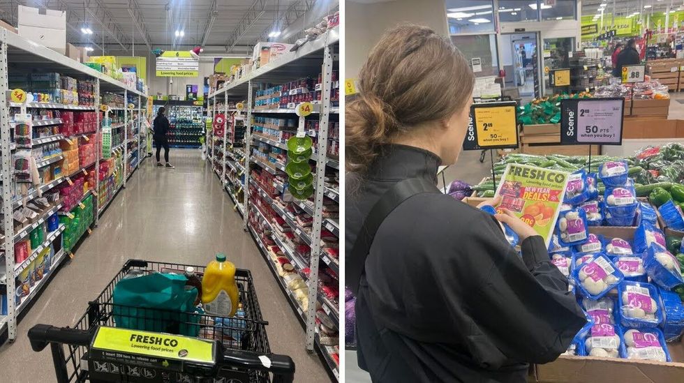 A shopping cart in a grocery aisle. Right: Elisha looks at a FreshCo flyer in the produce section.