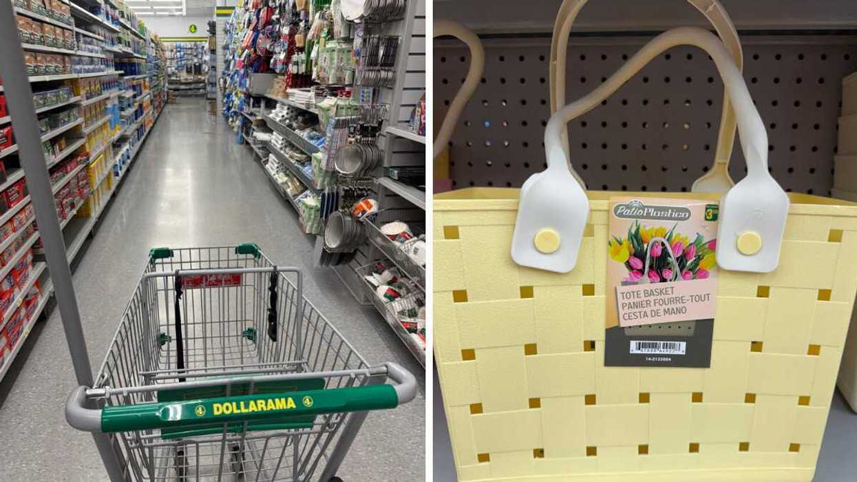 A shopping cart that says Dollarama on it in a store. Right: A yellow tote basket with small square holes in it.