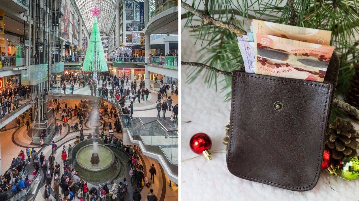 A shopping mall in Canada during the holidays. Right: A wallet with Canadian bills next to Christmas decorations.