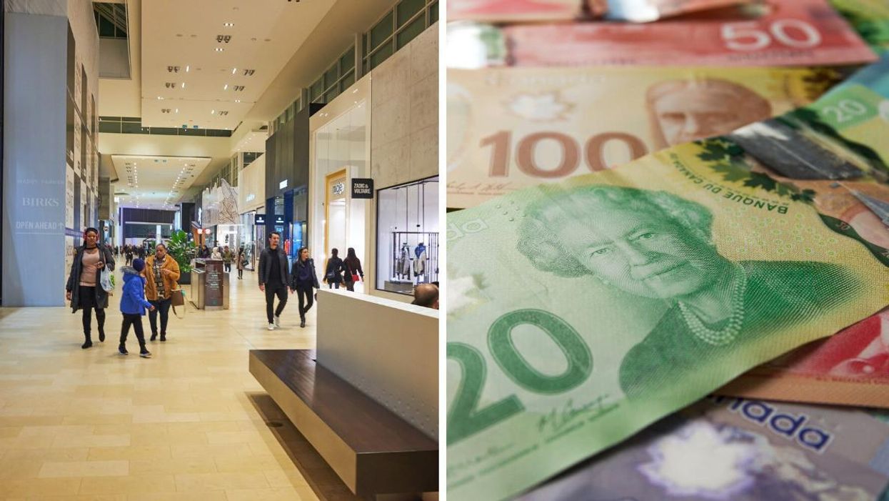A shopping mall in Toronto. Right: A pile of Canadian bills.