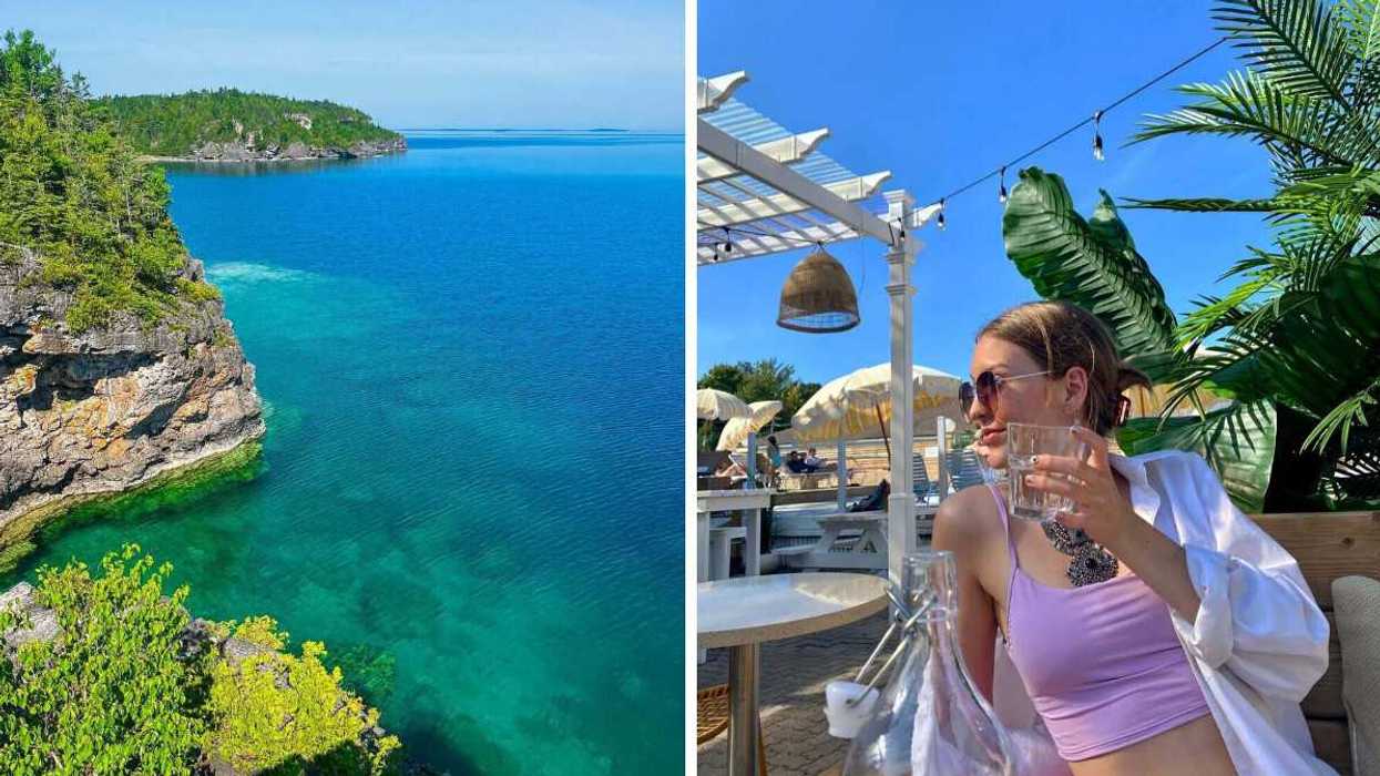 A shoreline with cliffs and turquoise water. Right: A person sitting on patio.