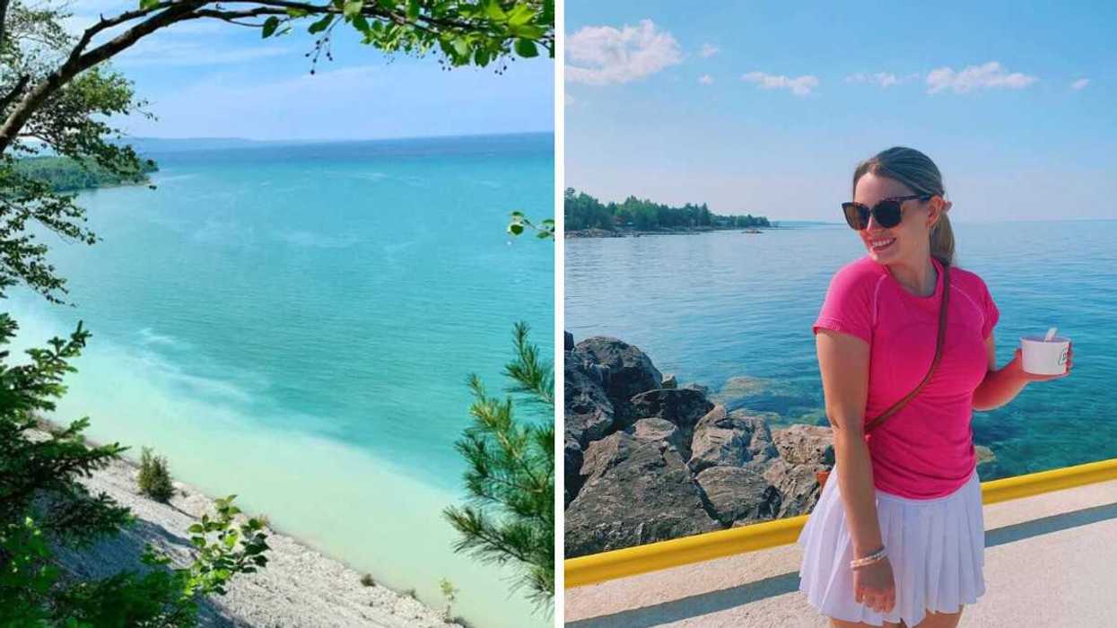 A shoreline with turquoise water. Right: A person standing on a pier.