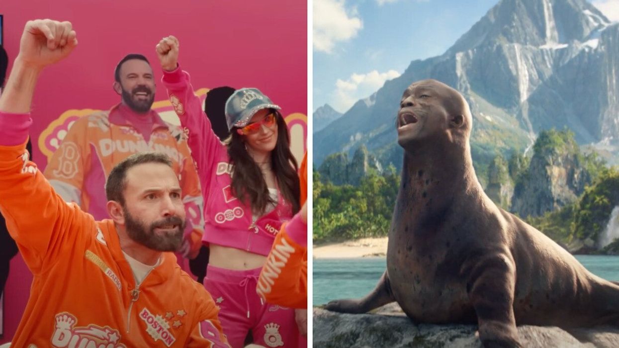 A shot from the 2025 Dunkin' Super Bowl ad. Right: Seal as a seal in the Mountain Dew Super Bowl ad.