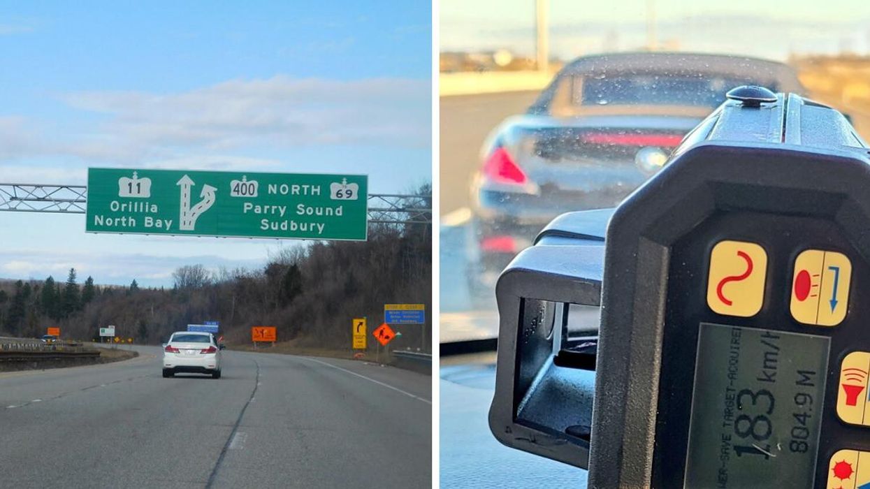 A shot of Highway 400 near Orillia. Right: A photo of the stunt driving captured by OPP.