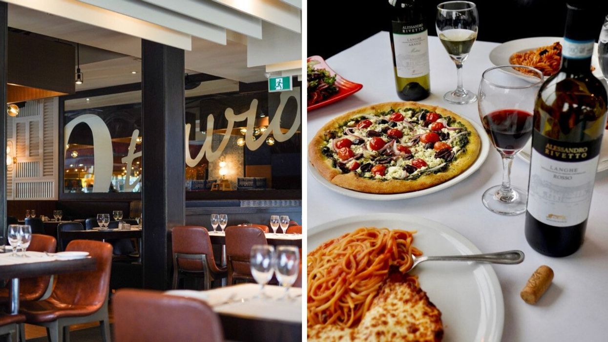 A shot of the interior of Ottavio restaurant in Ottawa. Right: A close-up shot of a table with pizza, pasta and open bottles of wine on top of it.