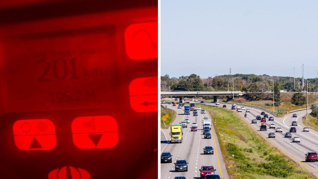 A shot of the OPP radar clocking the driver's speed. Right: Highway 403 on a sunny day.