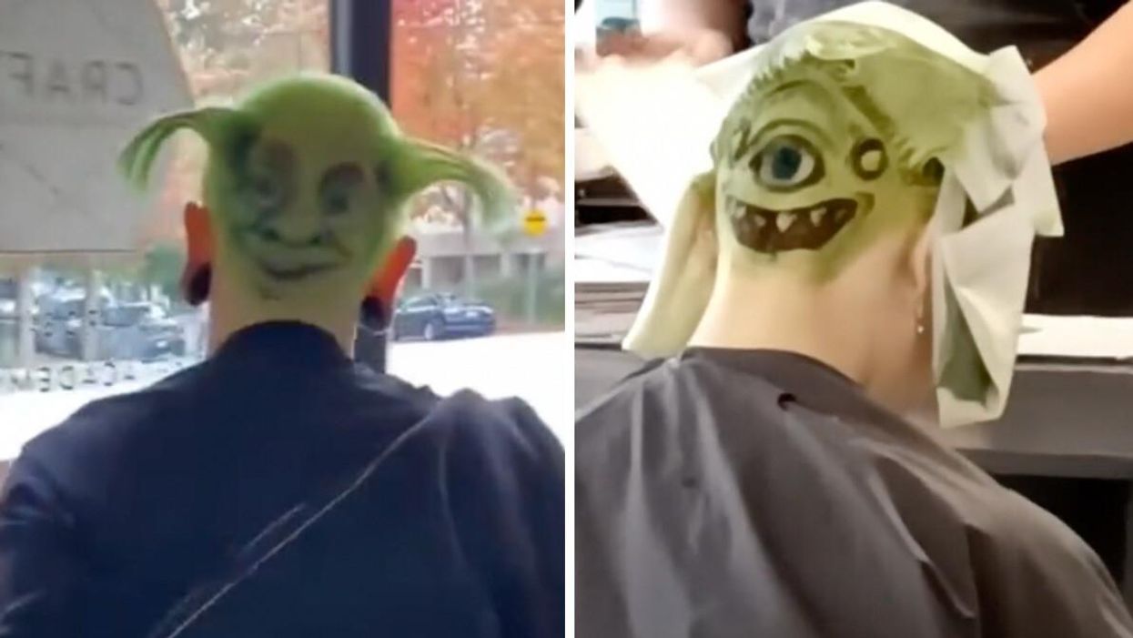 A Shrek hairdo. Right: A Mike Wazowski hairdo.