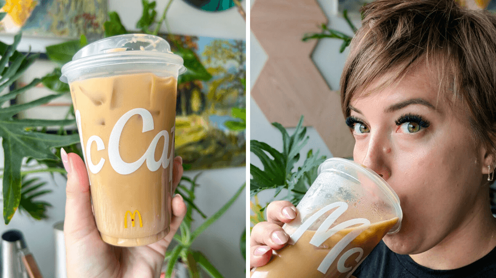 a side by side photo of a mcdonald's iced coffee and a person drinking it while looking into the camera