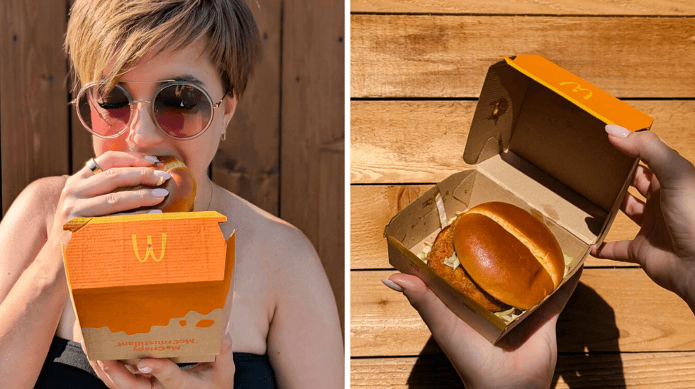 a side by side photo of a person eating a chicken burger, and an open box with the chicken burger inside