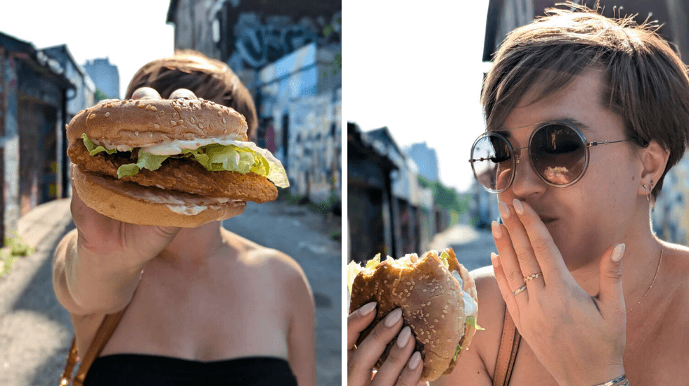 a side by side photo of a person holding up a chicken burger and a smiling person eating the chicken burger