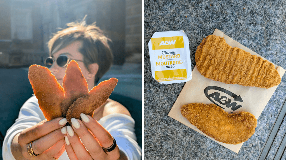 A side by side photo of a person holding up three chicken tenders and a top-down photo of chicken tenders with dipping sauce