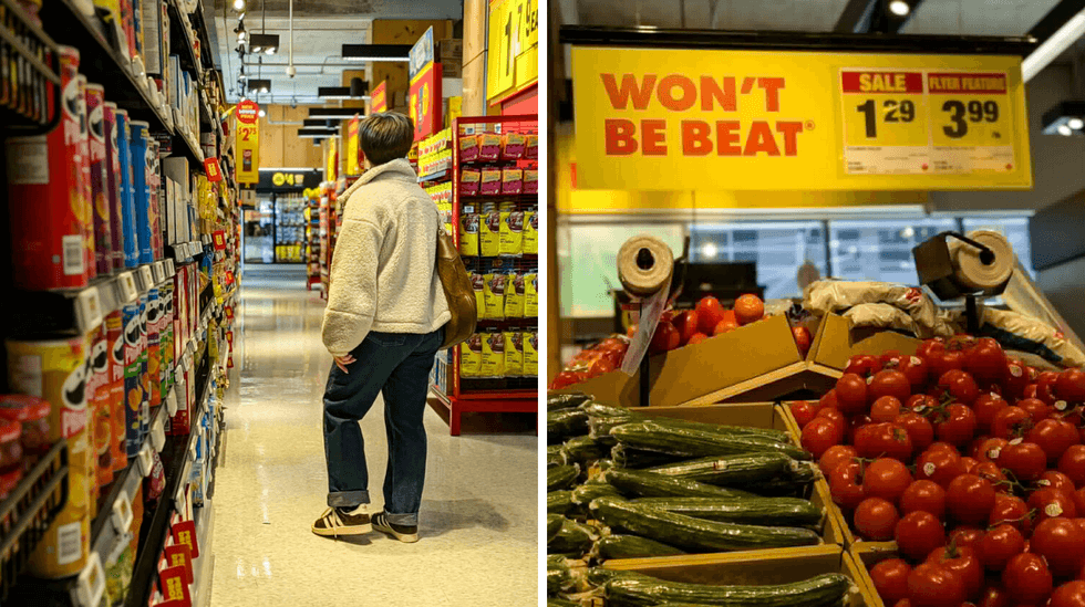 a side by side photo of a person in a snack aisle and a produce stand