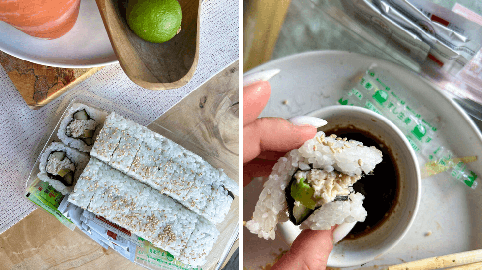 a side by side photo of a ready-made sushi roll and a close up of it falling apart in someone's fingers