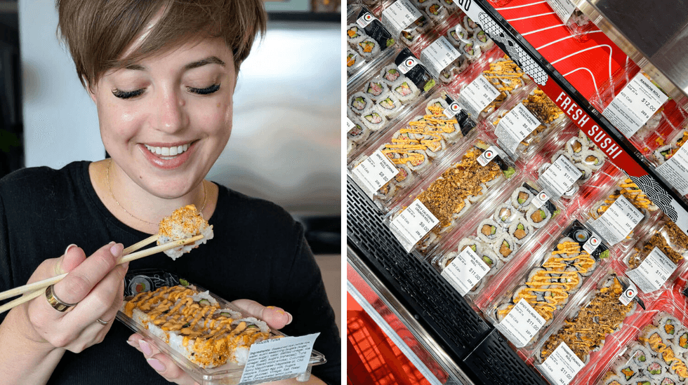 a side by side photo of a smiling person eating sushi and a large selection of sushi options to go