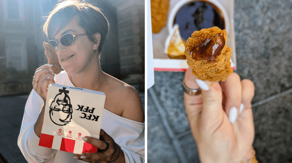 A side by side photo of a smiling person holding up a chicken tender and a close up shot of the tender covered in sauce